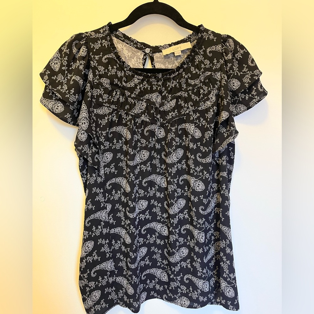 LOFT Black and White Paisley Top